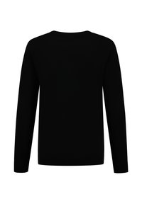 Zwarte lange mouwen trui met een ronde halslijn. Een gladde textuur en geribbelde manchetten en zoom maken het ontwerp compleet. Eenvoudige en klassieke pasvorm.