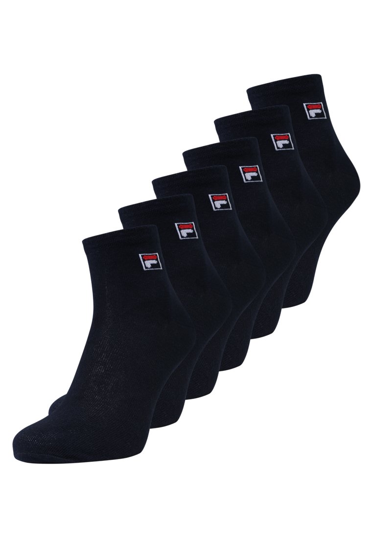 Black ankle socks in a pack of six, featuring a small red and white logo on the side. Made from a smooth, stretchy fabric.