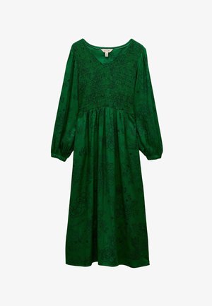 Vestido verde de manga larga con cuerpo fruncido y falda fluida. Patrón floral en tonos de verde más oscuro, escote en V y puños elásticos.