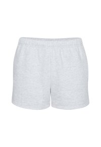 Pantaloni corti grigi di cotone con una cintura elastica, caratterizzati da una texture liscia e un design semplice. Orli arrotondati sulle gambe.