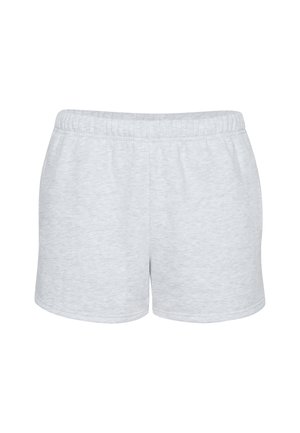 Pantalones cortos de algodón gris con cinturilla elástica, que presentan una textura suave y un diseño sencillo. Con dobladillos redondeados en las piernas.