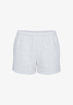 Pantaloni corti grigi di cotone con una cintura elastica, caratterizzati da una texture liscia e un design semplice. Orli arrotondati sulle gambe.