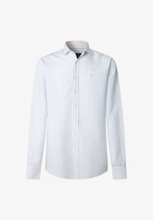 Camicia bianca a maniche lunghe con strisce verticali azzurro chiaro, davanti con bottoni e colletto classico, nessuna persona o sfondo visibili.