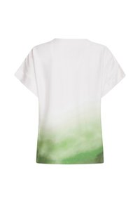 White t-shirt with a gradient design transitioning from white to light green at the bottom, featuring wide short sleeves and a relaxed fit.