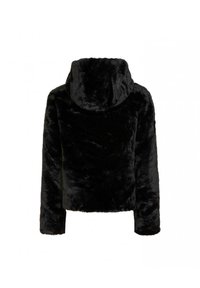 Giacca in pelliccia sintetica nera con cappuccio, caratterizzata da un design corto, maniche lunghe e una texture morbida. La vista posteriore non mostra chiusure visibili.