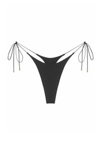 Svart bikiniunderdel med låg skärning, justerbara snören på varje sida och guldfärgade detaljer i ändarna av snörena. Slät textur.