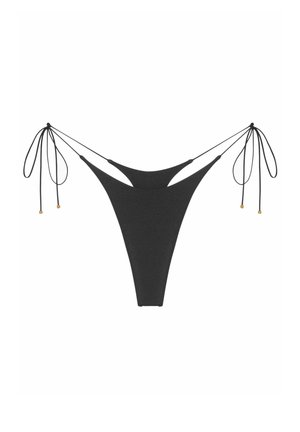 Zwarte bikinionderkant met een lage taille, verstelbare strikkoorden aan beide zijkanten en gouden accenten aan het einde van de strikken. Gladde textuur.