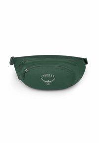 Groene heuptas van duurzaam materiaal, met een opvallend Osprey-logo, twee ritscompartimenten en een verstelbare schouderband.