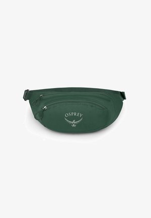 Grüne Bauchtasche aus strapazierfähigem Material, ausgestattet mit einem auffälligen Osprey-Logo, zwei Reißverschlusstaschen und einem verstellbaren Gurt.