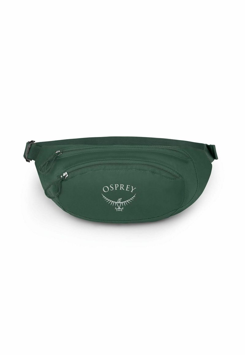 Groene heuptas van duurzaam materiaal, met een opvallend Osprey-logo, twee ritscompartimenten en een verstelbare schouderband.