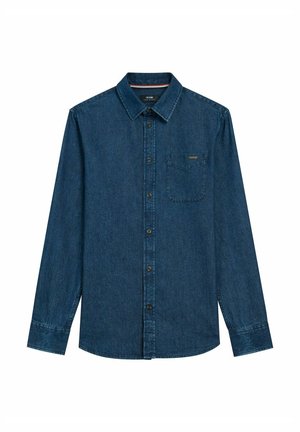 Jeansowa koszula w ciemnoniebieskim kolorze, z kołnierzykiem zapinanym na guziki, długimi rękawami, kieszenią na piersi oraz subtelnym detalem brandingowym na kieszeni.