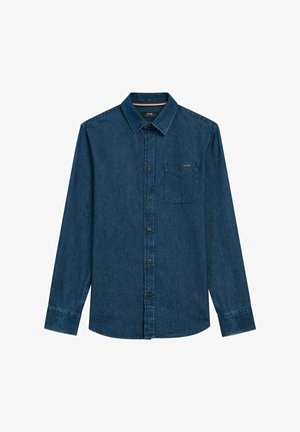 Jeansowa koszula w ciemnoniebieskim kolorze, z kołnierzykiem zapinanym na guziki, długimi rękawami, kieszenią na piersi oraz subtelnym detalem brandingowym na kieszeni.