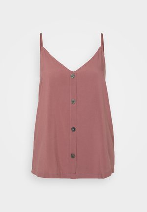 Rosa farbenes Camisole-Top mit V-Ausschnitt, dünnen Trägern und einer Frontknopfleiste mit fünf runden, dunklen Knöpfen. Glatte Textur.