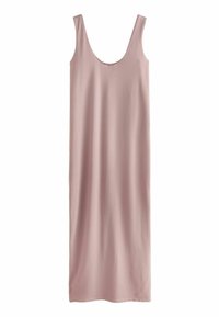 Roosa sansvarviga kleit, millel on ümmargune kaelus, pikk sirge siluett, pehme tekstuur ja minimalism, pakkudes lihtsat ja elegantset välimust.