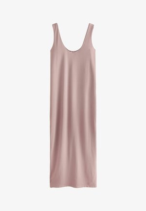 Vestido rosa sin mangas con escote redondeado, silueta larga y recta, textura suave y diseño minimalista, que ofrece una apariencia sencilla y elegante.