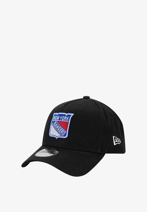 Schwarze Baseballkappe aus Baumwolle mit einem auf der Vorderseite eingestickten New York Rangers-Logo in Blau, Rot und Weiß.