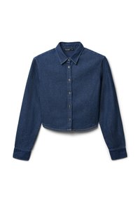 Camicia di jeans cropped in blu scuro. Presenta un colletto, chiusura con bottoni sul davanti, maniche lunghe e dettagli cuciti lungo l'orlo e le cuciture.