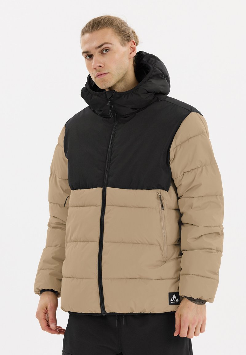 Puffjacka med en svart övre del och beige nedre del, med dragkedja, huva och sidoficka med svarta accenter.