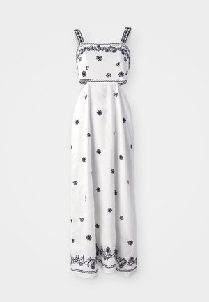 Witte maxi-jurk met marineblauwe bloemenborduursels, vierkante halslijn en dunne bandjes. Bevat ingewikkelde randstiksels langs de zoom.