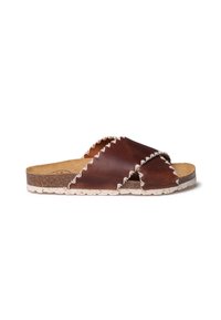 Brown leather slide sandals featuring crossed straps with scalloped edges, cork footbed, and a textured cream-colored sole.