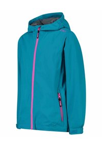 Blå huva jacka med rosa dragkedjor och en logotyp på axeln, med justerbara handledsremmar och nätfoder inuti.