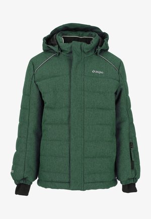 Grüne Pufferjacke mit Kapuze, ausgestattet mit einem gesteppten Design, Reißverschlusstaschen und schwarzen Akzenten an den Ärmeln und innen. Logo auf der Brust.