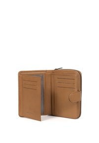 Bruine leren portemonnee met ritssluiting, meerdere kaartsleuven en een compartiment voor contant geld of documenten, met een gestructureerde afwerking.