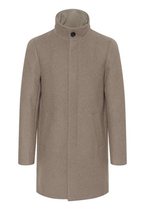 Beige wool coat with a high collar, front button closure, and side pockets. Features a straight cut and smooth texture.