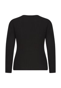 Schwarzes Langarmshirt mit rundem Ausschnitt, aus glattem Stoff gefertigt. Einfaches Design ohne Muster oder Verzierungen.