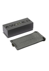 Black rectangular box with "HAWKERS" in bold letters. Gray microfiber pouch with logo, drawstring closure, and smooth texture.