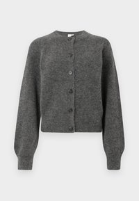 Grauer Wollmischungen Cardigan mit langen Ärmeln, runder Halslinie, gerippten Bündchen und Saum sowie sechs Vorderknöpfen.