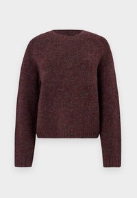 Maglione lavorato a maglia bordeaux con collo rotondo, maniche lunghe e orlo a costine. Texture morbida con leggere variazioni di colore per una maggiore profondità.