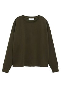 Dunkel olivgrünes Sweatshirt mit Rundhalsausschnitt, langen Ärmeln, gerippten Bündchen und lockerem Sitz, abgebildet vor weißem Hintergrund.