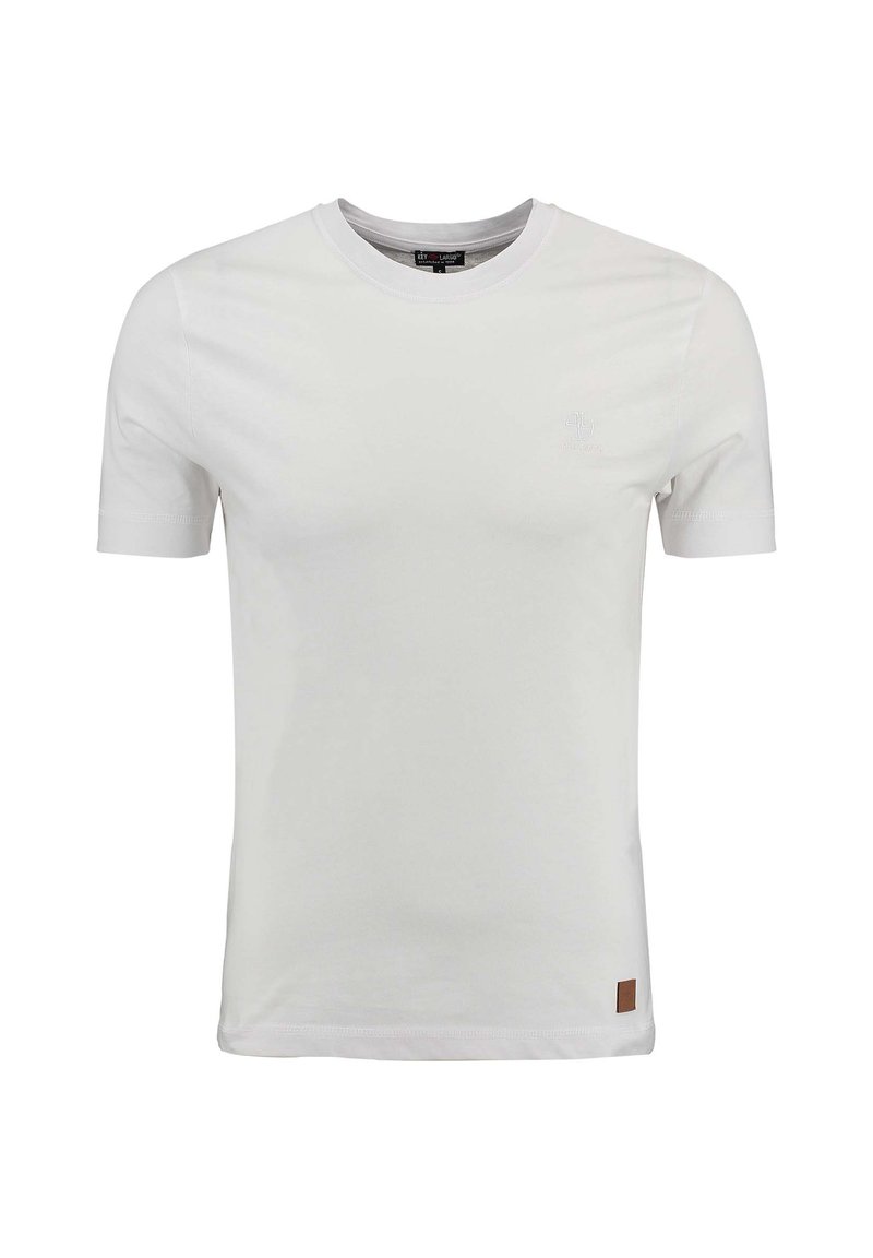 T-shirt bianco a maniche corte realizzato in cotone liscio, con scollatura rotonda e un piccolo logo sul petto, con etichetta marrone sull'orlo.