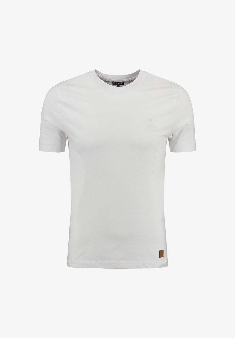 Biała koszulka z krótkim rękawem, wykonana z gładkiej bawełny, z okrągłym dekoltem i małym logo na piersi, z brązową metką na końcu.