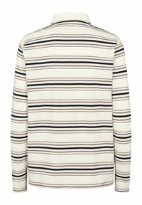 Langarm polo-shirt met horizontale strepen in marineblauw, blush en crème kleuren. Zachte katoenen stof met een kraag.