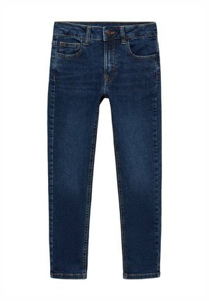Donkerblauwe denim jeans met een slim fit, voorzien van vijf zakken en een standaard knoop- en ritssluiting. Kenmerkende stiksels.