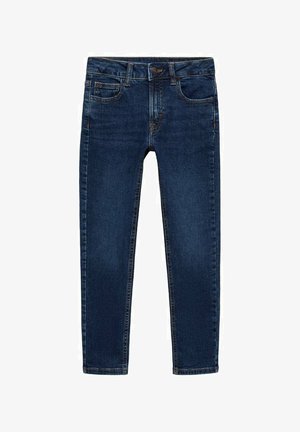 Tamno plave traperice uskog kroja, koje imaju pet džepova i standardno zatvaranje na dugme i patentni zatvarač. Odstupajući detalji sa šavovima.