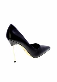 Scarpa nera in pelle con tacco alto appuntito e sottile tacco a spillo dorato, fotografata su uno sfondo bianco.