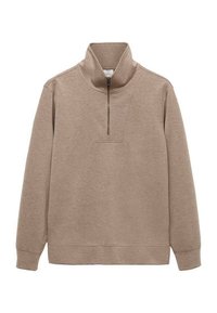 Felpa beige realizzata in tessuto morbido, con colletto a mezza zip, maniche lunghe e una vestibilità comoda con una trama semplice.