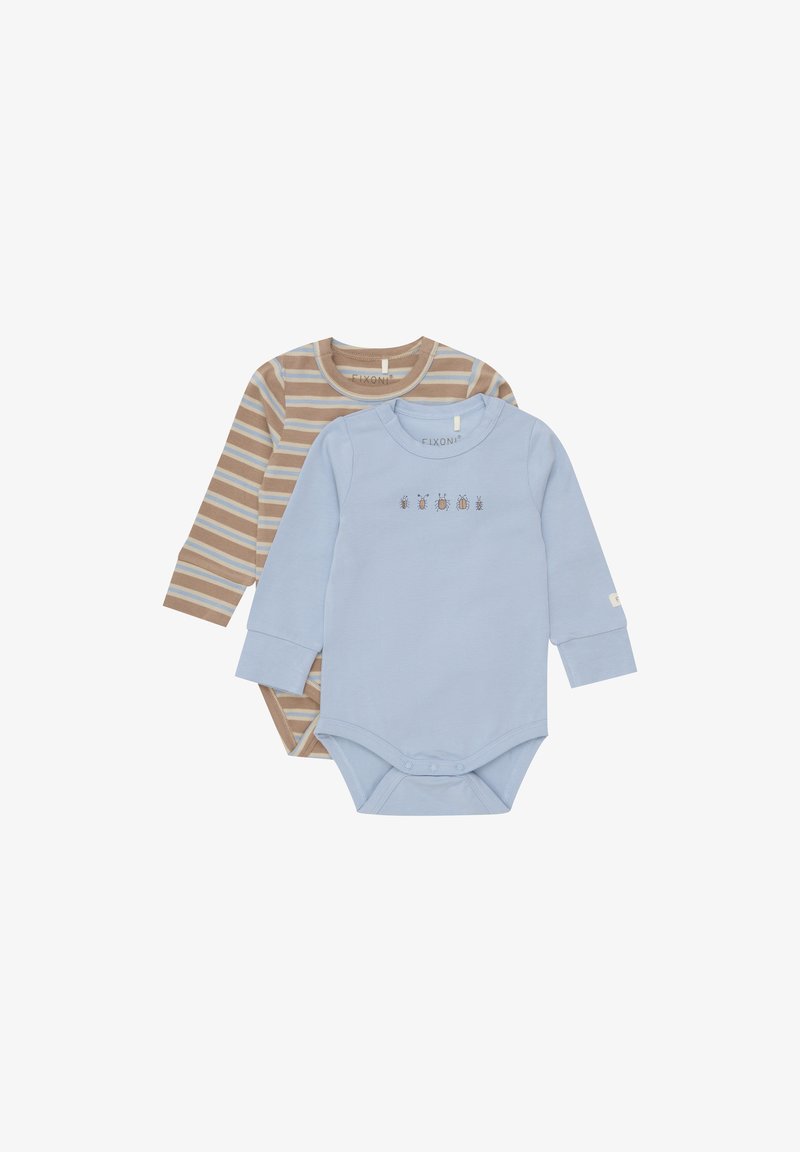 Dwie bodziaki dla niemowląt z długim rękawem: jeden niebieski z haftowanymi owadami, drugi brązowy w paski. Oba wykonane z miękkiej bawełny, z zapięciem na napy na dole.