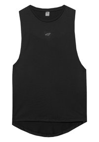 Camiseta deportiva sin mangas negra con cuello redondo y dobladillo curvado. La tela parece suave con una textura sutil. Presenta un pequeño logotipo en la parte delantera.