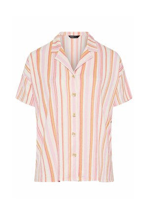 Kortærmet skjorte med knapper, med lodrette striber i pink, orange og hvid samt en camp-krave.