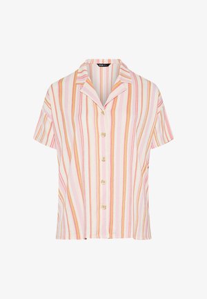 Kortærmet skjorte med knapper, med lodrette striber i pink, orange og hvid samt en camp-krave.