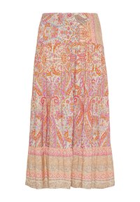 Maxi nederdel med en smocked talje, prydet med et blomster- og paisley-mønster i orange, pink og beige. Letvægtsstof med et lagdelt design.