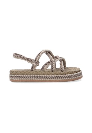 Braided rope sandals in light brown, featuring multiple interwoven straps. Textured footbed with a thick braided sole for support.