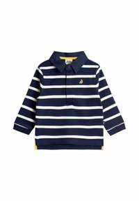 Tengerészkék és fehér csíkos, hosszú ujjú pólóing, amelynek gallérja van és sárga díszítéssel rendelkezik az alján. A mellkasán egy kis vitorlás hajó logó található.