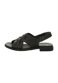 Schwarze Leder-Sandale mit gewebtem Design, offener Zehe und verstellbarem Fersenriemen. Flache Sohle mit einem leichten Blockabsatz.