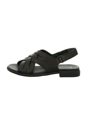 Schwarze Leder-Sandale mit gewebtem Design, offener Zehe und verstellbarem Fersenriemen. Flache Sohle mit einem leichten Blockabsatz.