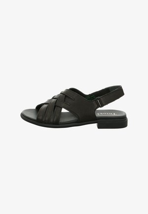 Black leather sandal with woven design, open toe, and adjustable slingback strap. Flat sole with a slight block heel.